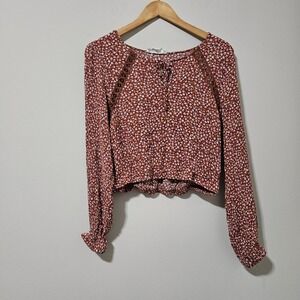 Hippie Rose Womens Rust Floral Crochet Trim Long Sleeve Crop Top Blouse Medium